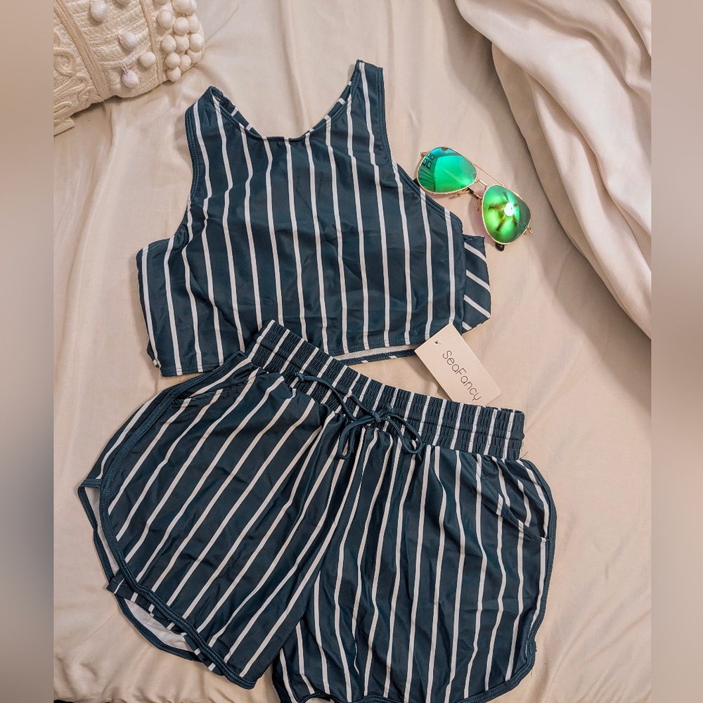 SeaFancy Striped Green and White Two-Piece Set